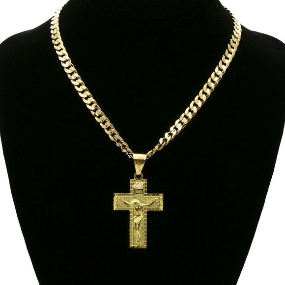 18k Jesus Cross Pendant + 6mm Cuban Chain - Picture 1 of 4